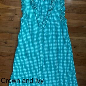 crown & ivy Turquoise Gingham Button-Front Sleeveless Dress